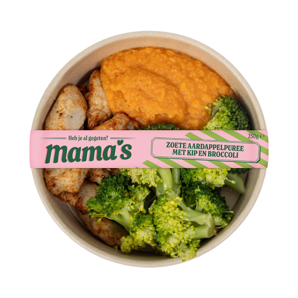 Zoete aardappelpuree met kip en broccoli